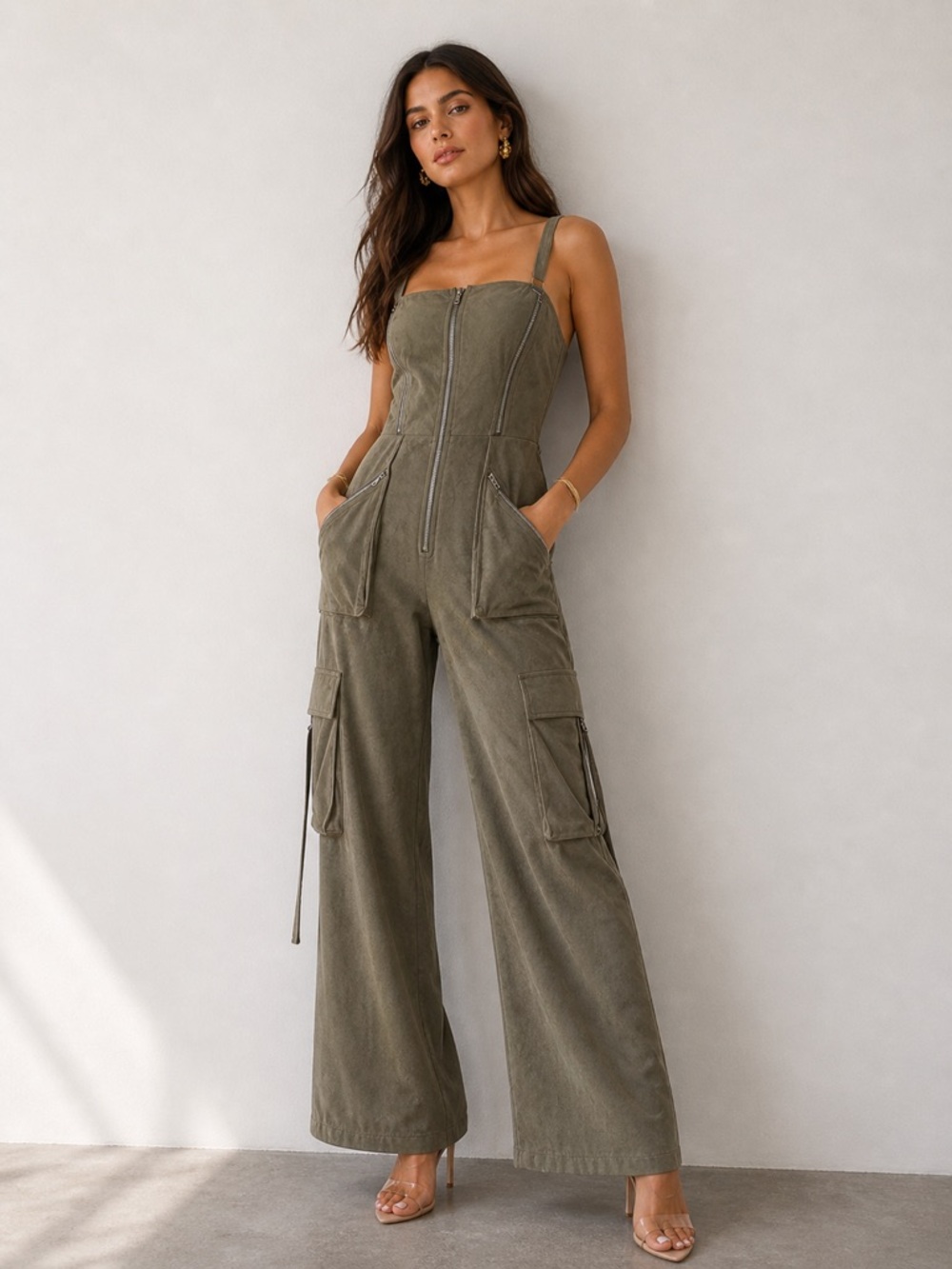 Blogger favorite Olive Cargo Wide Leg Jumpsuit Zip Front Utility Romper Pockets